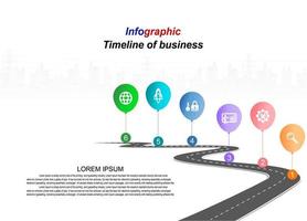 Vector template infographic Timeline of business operations with flags and placeholders on curved roads. Symbols, steps for successful business planning Suitable for advertising and presentations.