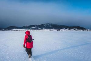 Mujer caminando sola en un lago congelado durante el frío día de invierno foto