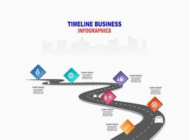 vector plantilla infografía línea de tiempo de operaciones comerciales con banderas y marcadores de posición en carreteras con curvas. símbolos, pasos para una planificación empresarial exitosa adecuados para publicidad y presentaciones