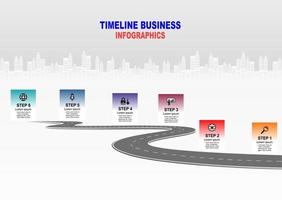 vector plantilla infografía línea de tiempo de operaciones comerciales con banderas y marcadores de posición en carreteras con curvas. símbolos, pasos para una planificación empresarial exitosa adecuados para publicidad y presentaciones