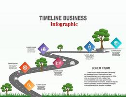 vector plantilla infografía línea de tiempo de operaciones comerciales con banderas y marcadores de posición en carreteras con curvas. símbolos, pasos para una planificación empresarial exitosa adecuados para publicidad y presentaciones