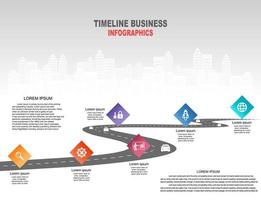 Vector template infographic Timeline of business operations with flags and placeholders on curved roads. Symbols, steps for successful business planning Suitable for advertising and presentations