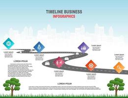 Vector template infographic Timeline of business operations with flags and placeholders on curved roads. Symbols, steps for successful business planning Suitable for advertising and presentations.