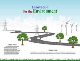 Vector template infographic Timeline of business operations with flags and placeholders on curved roads. Innovation, for environment and society city that can live together. Symbols, steps for success