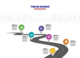 Vector template infographic Timeline of business operations with flags and placeholders on curved roads. Symbols, steps for successful business planning Suitable for advertising and presentations.