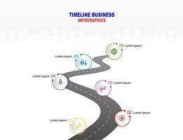 vector plantilla infografía línea de tiempo de operaciones comerciales con banderas y marcadores de posición en carreteras con curvas. símbolos, pasos para una planificación empresarial exitosa adecuados para publicidad y presentaciones