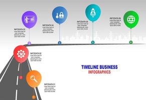 vector plantilla infografía línea de tiempo de operaciones comerciales con banderas y marcadores de posición en carreteras con curvas. símbolos, pasos para una planificación empresarial exitosa adecuados para publicidad y presentaciones