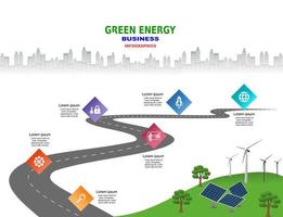 Vector template infographic Timeline of business operations with flags and placeholders on curved roads. Innovation, for environment and society city that can live together. Symbols, steps for success