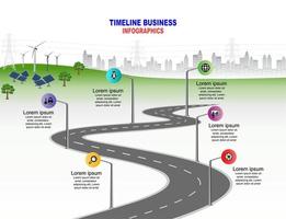 Vector template infographic Timeline of business operations with flags and placeholders on curved roads. Innovation, for environment and society city that can live together. Symbols, steps for success