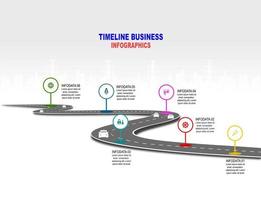 vector plantilla infografía línea de tiempo de operaciones comerciales con banderas y marcadores de posición en carreteras con curvas. símbolos, pasos para una planificación empresarial exitosa adecuados para publicidad y presentaciones