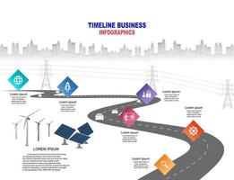 vector plantilla infografía línea de tiempo de operaciones comerciales con banderas y marcadores de posición en carreteras con curvas. innovación, por el medio ambiente y la sociedad ciudad que conviva. símbolos, pasos para el éxito