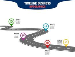 Vector template infographic Timeline of business operations with flags and placeholders on curved roads. Symbols, steps for successful business planning Suitable for advertising and presentations