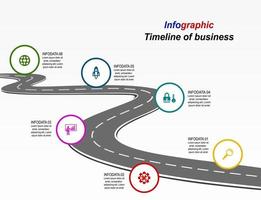 Vector template infographic Timeline of business operations with flags and placeholders on curved roads. Symbols, steps for successful business planning Suitable for advertising and presentations