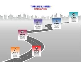 Vector template infographic Timeline of business operations with flags and placeholders on curved roads. Symbols, steps for successful business planning Suitable for advertising and presentations