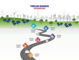 Vector template infographic Timeline of business operations with flags and placeholders on curved roads. Innovation, for environment and society city that can live together. Symbols, steps for success