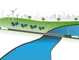 sistema de generación de energía energía limpia renovable de la naturaleza, como energía eólica, solar, agua, se puede utilizar para producir electricidad. plantilla de vector infografía línea de tiempo de operaciones comerciales con banderas