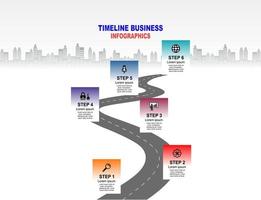 Vector template infographic Timeline of business operations with flags and placeholders on curved roads. Symbols, steps for successful business planning Suitable for advertising and presentations