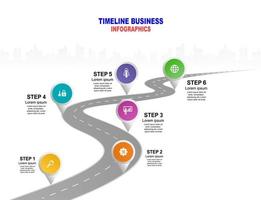 vector plantilla infografía línea de tiempo de operaciones comerciales con banderas y marcadores de posición en carreteras con curvas. símbolos, pasos para una planificación empresarial exitosa adecuados para publicidad y presentaciones