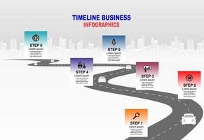 vector plantilla infografía línea de tiempo de operaciones comerciales con banderas y marcadores de posición en carreteras con curvas. símbolos, pasos para una planificación empresarial exitosa adecuados para publicidad y presentaciones