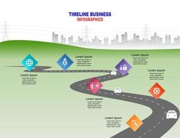 vector plantilla infografía línea de tiempo de operaciones comerciales con banderas y marcadores de posición en carreteras con curvas. símbolos, pasos para una planificación empresarial exitosa adecuados para publicidad y presentaciones