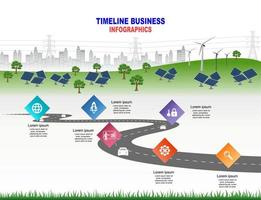 Vector template infographic Timeline of business operations with flags and placeholders on curved roads. Innovation, for environment and society city that can live together. Symbols, steps for success