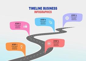 Vector template infographic Timeline of business operations with flags and placeholders on curved roads. Symbols, steps for successful business planning Suitable for advertising and presentations.