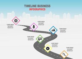 vector plantilla infografía línea de tiempo de operaciones comerciales con banderas y marcadores de posición en carreteras con curvas. símbolos, pasos para una planificación empresarial exitosa adecuados para publicidad y presentaciones.