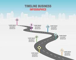 Vector template infographic Timeline of business operations with flags and placeholders on curved roads. Symbols, steps for successful business planning Suitable for advertising and presentations.