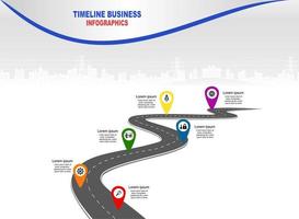 vector plantilla infografía línea de tiempo de operaciones comerciales con banderas y marcadores de posición en carreteras con curvas. símbolos, pasos para una planificación empresarial exitosa adecuados para publicidad y presentaciones