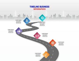 Vector template infographic Timeline of business operations with flags and placeholders on curved roads. Symbols, steps for successful business planning Suitable for advertising and presentations