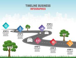 Vector template infographic Timeline of business operations with flags and placeholders on curved roads. Symbols, steps for successful business planning Suitable for advertising and presentations