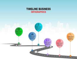 Vector template infographic Timeline of business operations with flags and placeholders on curved roads. Symbols, steps for successful business planning Suitable for advertising and presentations