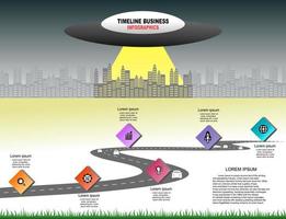 Vector template infographic Timeline of business operations with flags and placeholders on curved roads. Symbols, steps for successful business planning Suitable for advertising and presentations