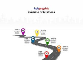 vector plantilla infografía línea de tiempo de operaciones comerciales con banderas y marcadores de posición en carreteras con curvas. símbolos, pasos para una planificación empresarial exitosa adecuados para publicidad y presentaciones