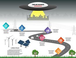 vector plantilla infografía línea de tiempo de operaciones comerciales con banderas y marcadores de posición en carreteras con curvas. innovación, por el medio ambiente y la sociedad ciudad que conviva. símbolos, pasos para el éxito