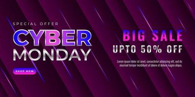 Cyber monday sale banner template design with blue and pink light effect on dark background for advertising poster or business promotion vector