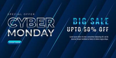 Cyber monday sale banner template design with blue light effect on dark background for advertising poster or business promotion vector