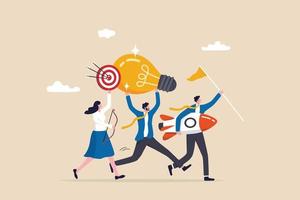 Entrepreneurship, think and develop new idea, organize and launch new innovation product, startup or start new company, business people holding winner flag, rocket ship, lightbulb idea and target plan vector