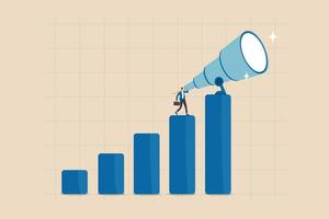 Business forecast, visionary to discover opportunity, searching for future advantage trend, stock market investment or economic data, smart businessman look through big telescope on growing graph. vector