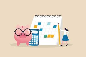 Monthly cost or budget, expense to pay bill, mortgage or debt, plan for savings or investment, money management or credit card payment, smart woman plan her monthly budget with calendar and piggybank. vector