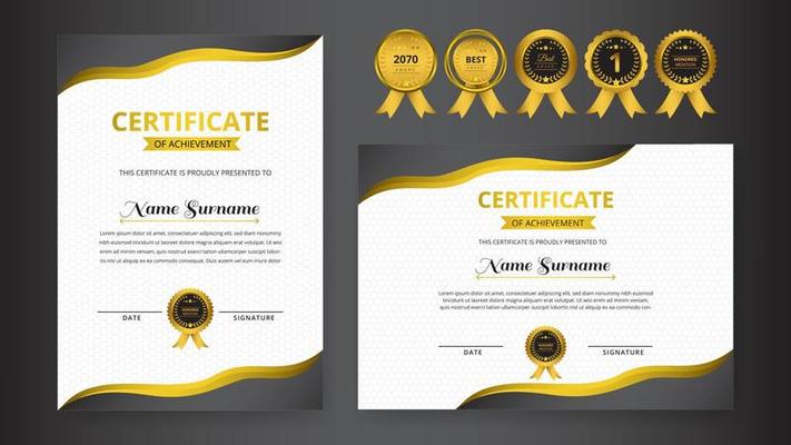 Gradient golden black elegant certificate with gold badge set For award, business, and education needs