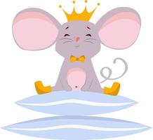 Vector illustration of a funny mouse in a crown on pillows