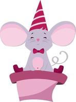 Vector illustration of a mouse in a cap sitting on a box with a gift