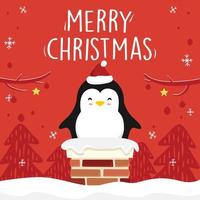 Penguin Cartoon Chimney Merry Christmas Xmas Vector Red