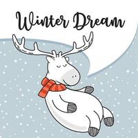 reno perezoso lindo ciervo durmiente doodle dibujos animados de invierno vector