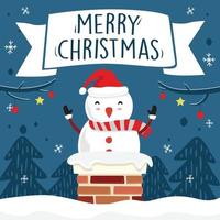 Merry Christmas Snowman Cartoon Vector Ribbon Banner Blue Background