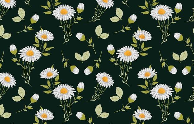 Seamless spring pattern with simple chamomile on yellow background