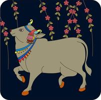 vaca sagrada en el arte popular tradicional indio kalamkari en telas de lino. Se puede utilizar para un libro para colorear, estampados en telas textiles, estuches para teléfonos, tarjetas de felicitación. logotipo, calendario vector