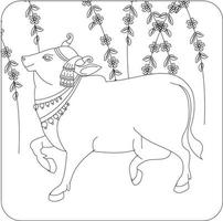Holy cow in Kalamkari Indian traditional folk art on linen fabrics. It can be used for a coloring book, textile  fabric prints, phone case, greeting card. logo, calendar vector