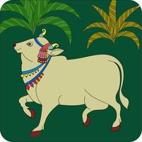 Holy cow in Kalamkari Indian traditional folk art on linen fabrics. It can be used for a coloring book, textile  fabric prints, phone case, greeting card. logo, calendar